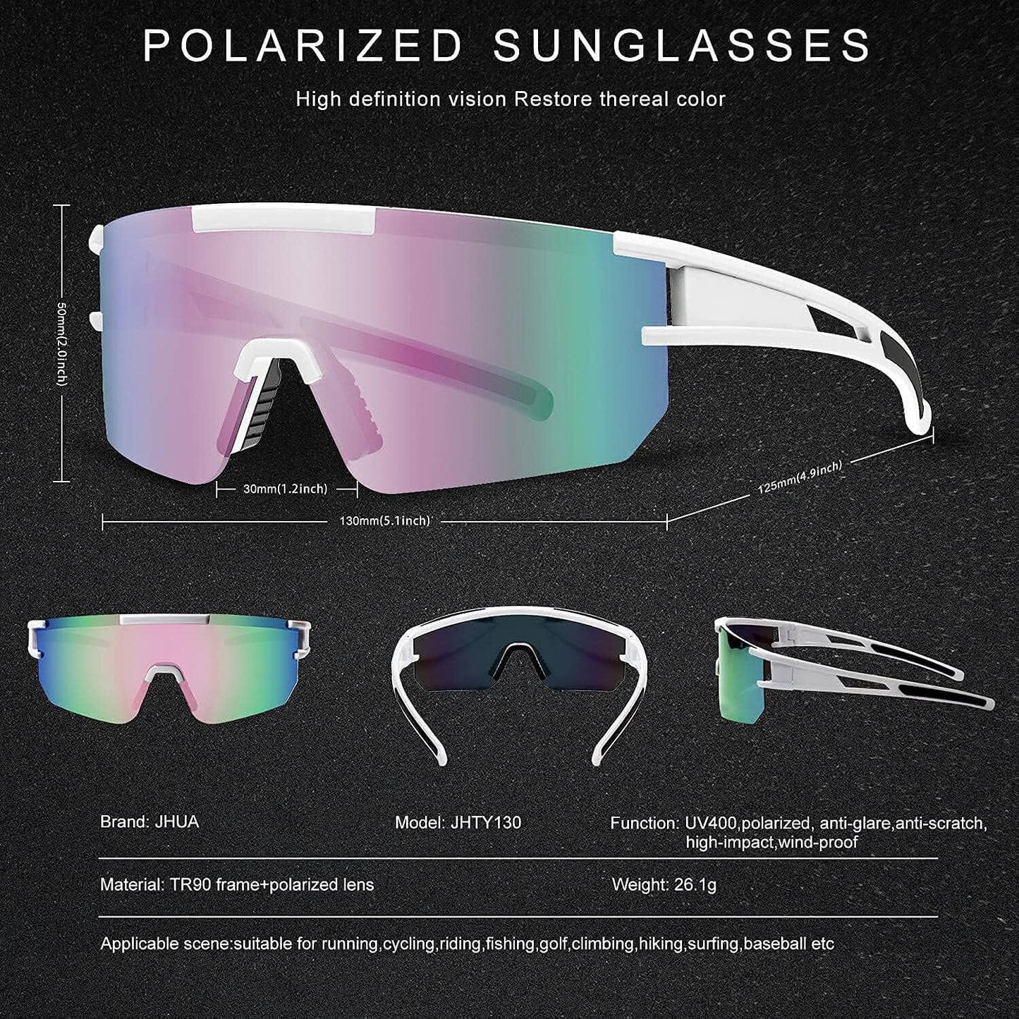 Polarized Sports Sunglasses for Men Women,Cycling Glasses for Fishing Running Golf Baseball Driving, White&Pink Lens, Medium