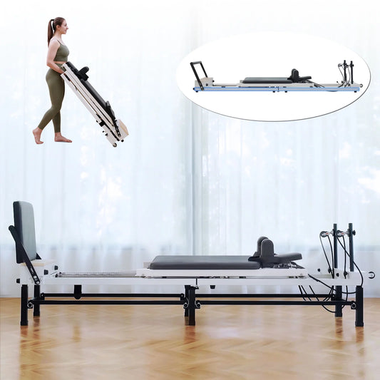 90'' Foldable Pilates Equipment for Home Workouts,Balanced Body Pilates Reformer Machine for Home and Gym, Pilates Exercise Equipment with Jump Board, 220Lbs Resistance 5 Springs