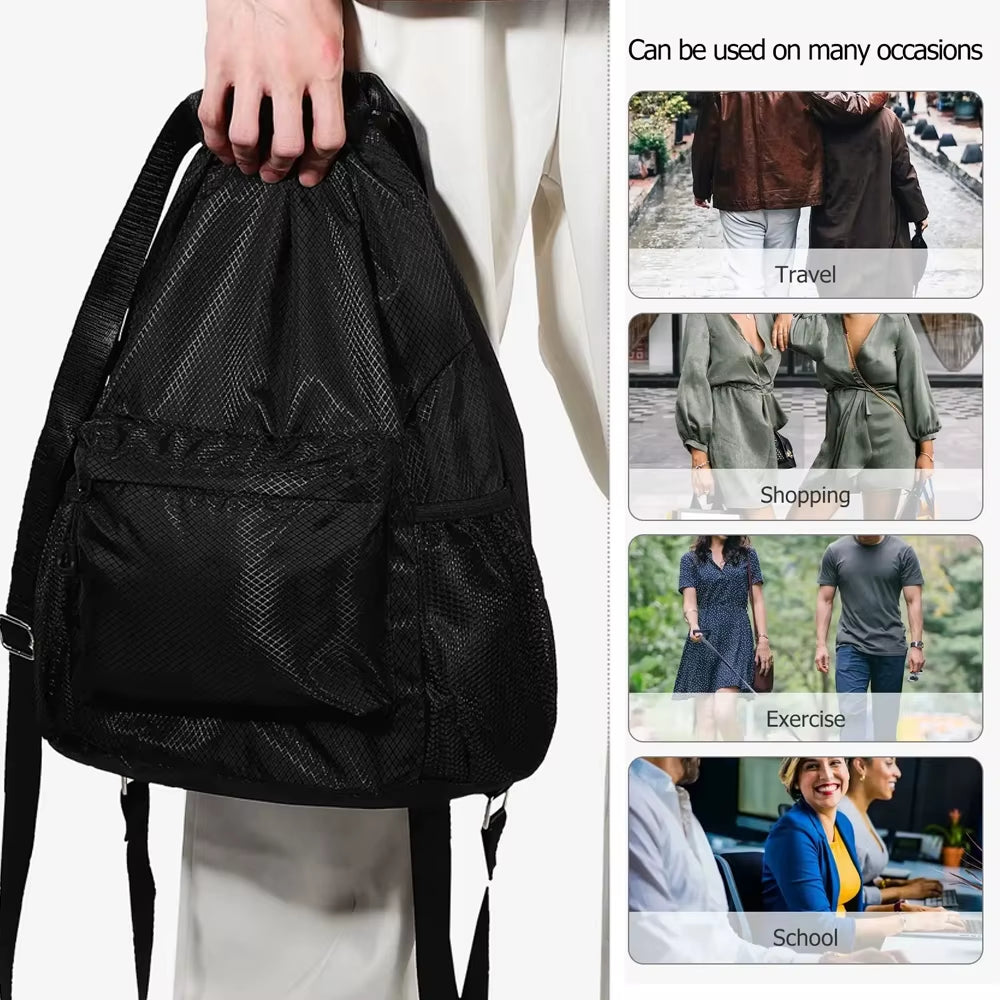 1PCS Drawstring Backpack Bag, Waterproof Draw String Back Sack with Zip Pocket, Gym Drawstring Bags Swim Bag for Men Women